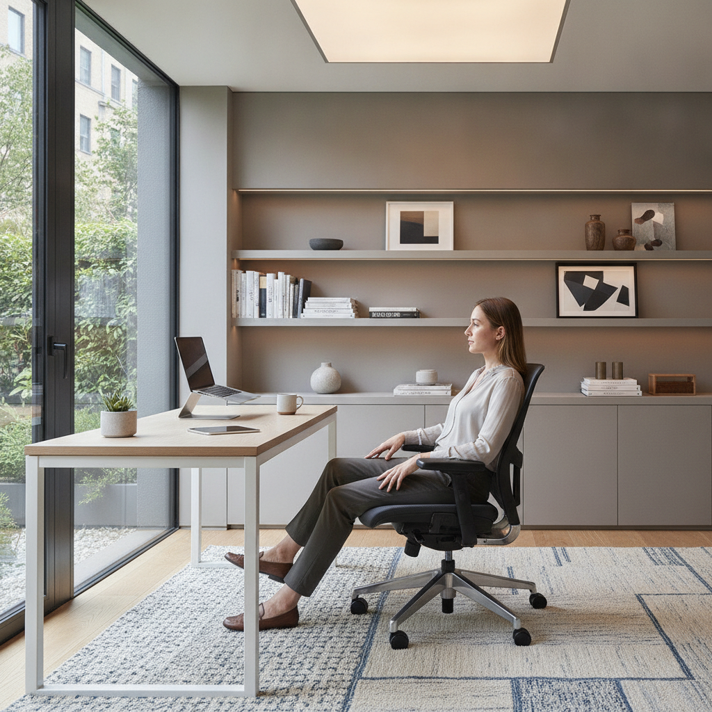 Persoană lucrând confortabil într-un scaun ergonomic modern într-un birou acasă luminos.