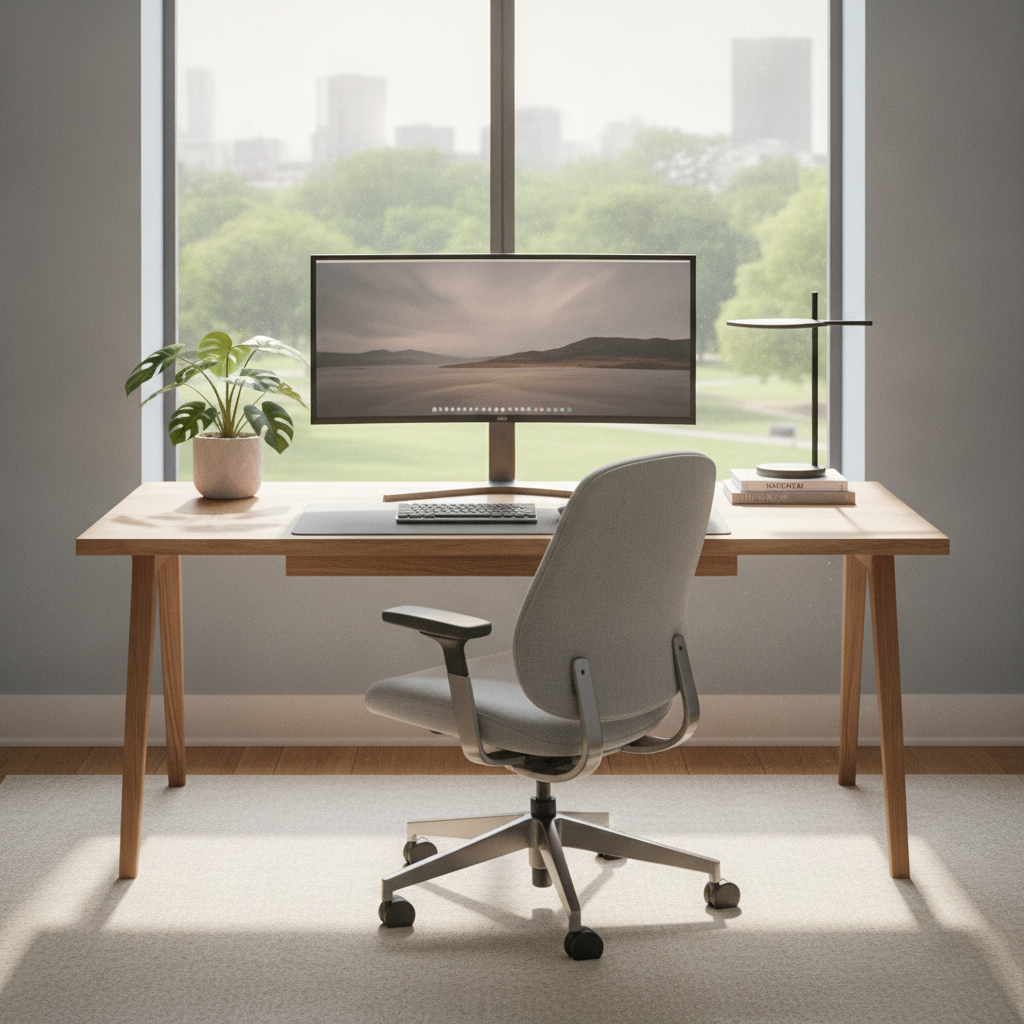 Birou modern amenajat acasă, cu scaun ergonomic de culoare închisă și plante de interior.