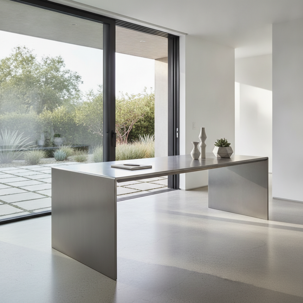 Masa modernă din aluminiu, cu design minimalist și margini pliate, ideală pentru interior și exterior.