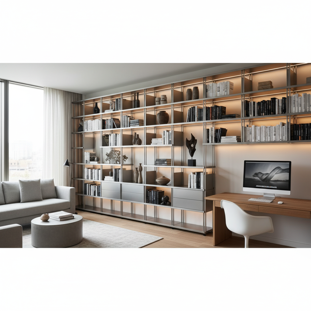 Sistem de rafturi modulare modern din oțel inoxidabil, amenajat într-un living minimalist.