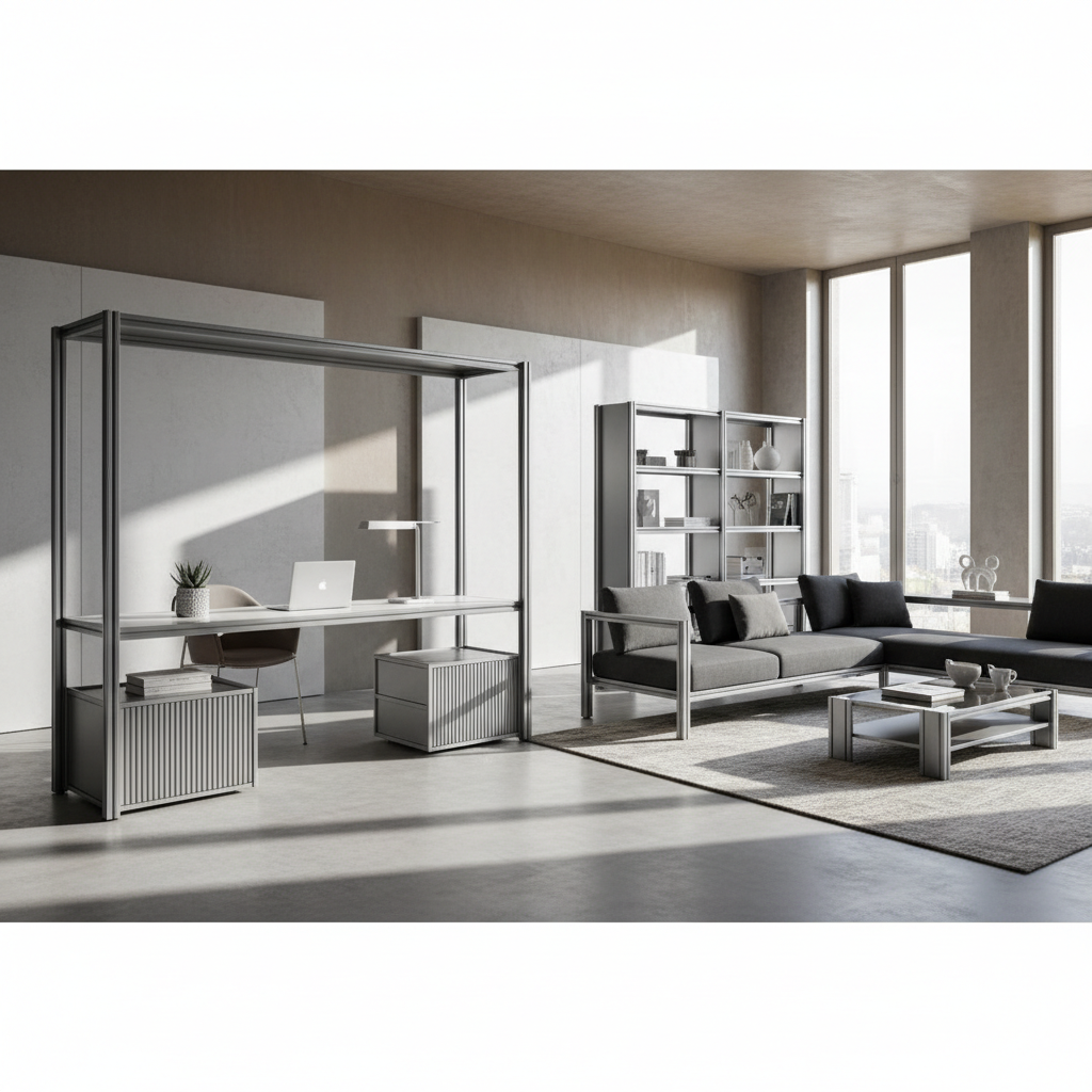 Sistem modular modern din aluminiu extrudat, configurat într-un spațiu de birou minimalist cu scaun ergonomic.