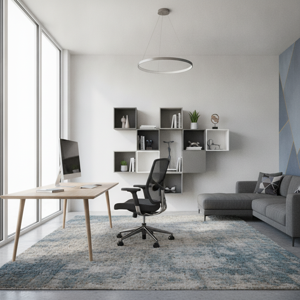 Birou modern cu scaun ergonomic și mobilier adaptabil, iluminat natural.