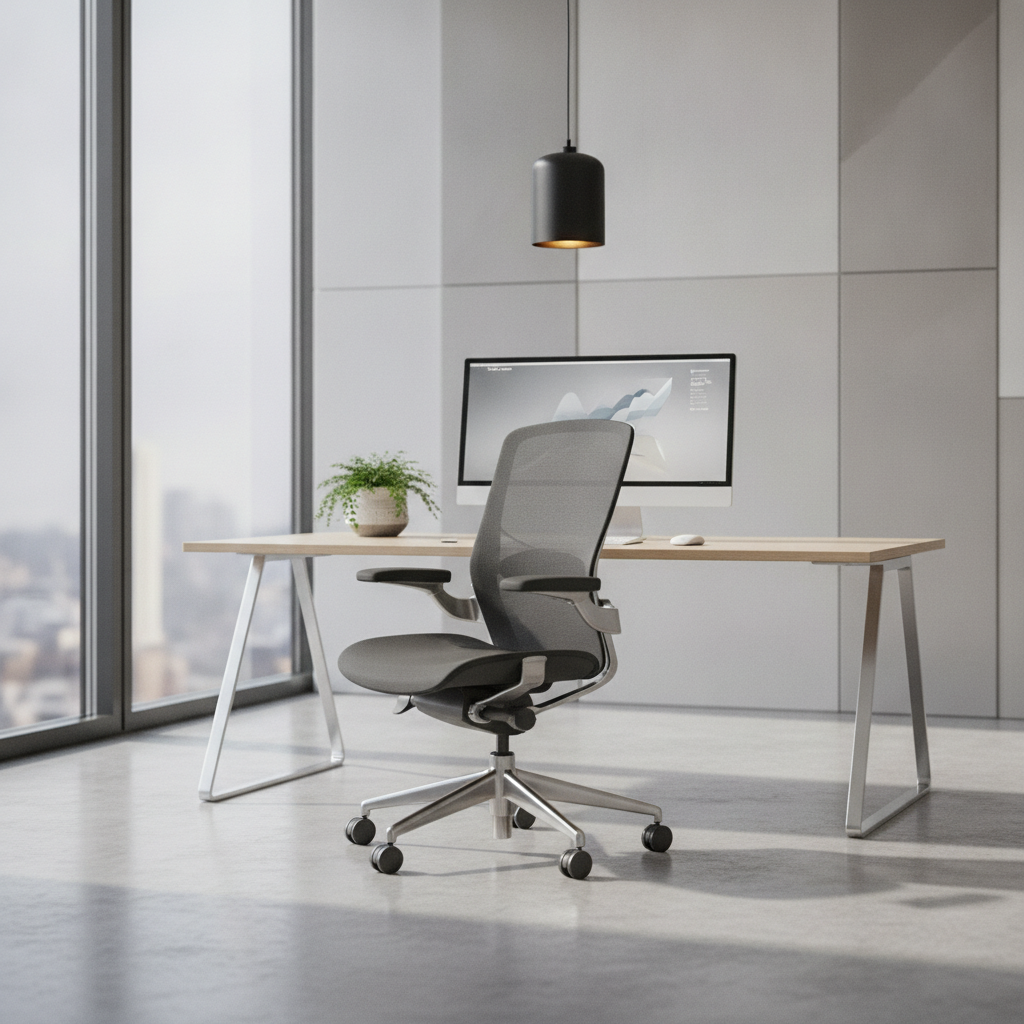 Interior modern de birou cu scaun ergonomic și mobilier minimalist, beneficiind de lumină naturală.