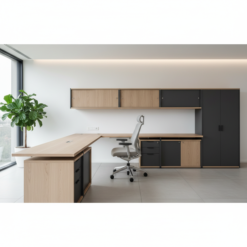 Sistem modular de mobilier de birou modern, cu panouri, spații de depozitare și scaun ergonomic.