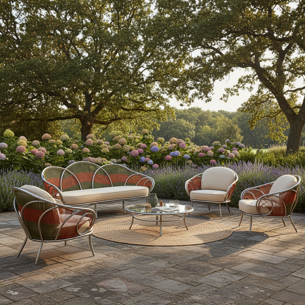 Mobilier de exterior elegant din colecția Margherì, cu design inspirat de Art Nouveau, pe o terasă modernă.