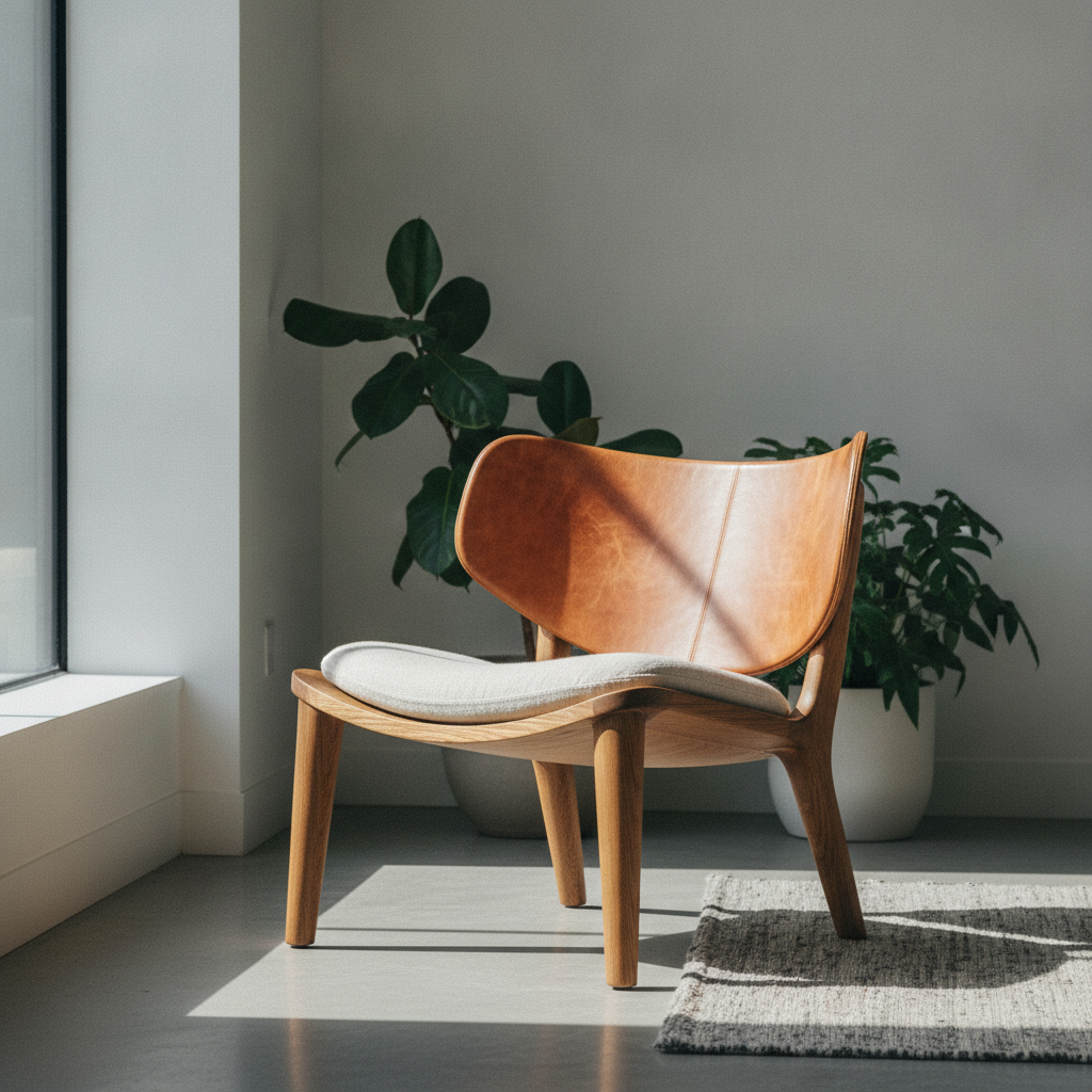 Un scaun elegant din lemn masiv cu spătar din piele, într-un interior modern.