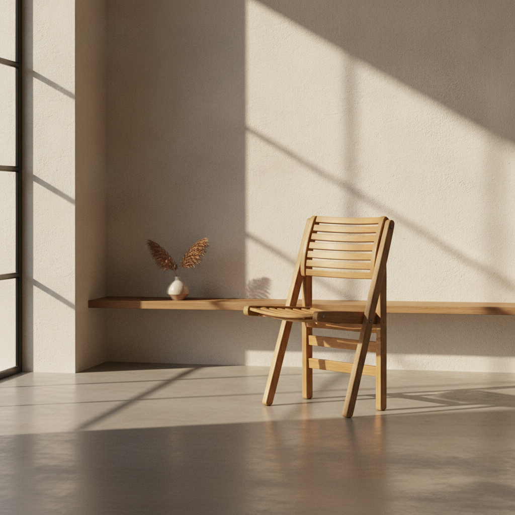 Scaun pliant Theo din lemn de stejar, design italian, într-un interior modern, evidențiind eleganța și funcționalitatea.
