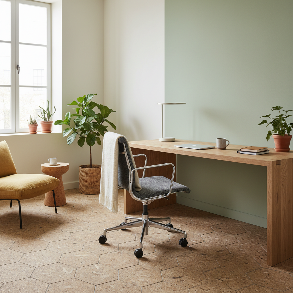 Spațiu de birou modern, cu design sustenabil și mobilier ergonomic, sub lumina naturală.