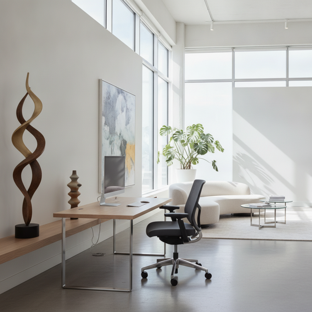 Spațiu de lucru modern cu mobilier inovator, scaun ergonomic și elemente de design sculptural.