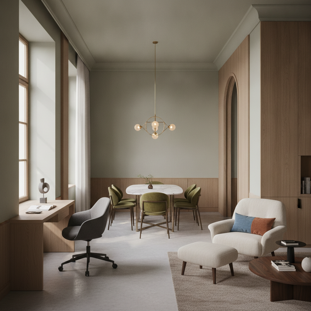 Interior modern elegant cu scaun ergonomic de birou, scaune dining rafinate și fotoliu confortabil, ilustrând designul premium.