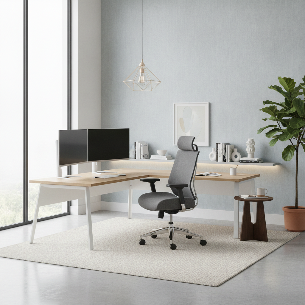 Scaun ergonomic modern într-un birou acasă, exemplificând confort și productivitate.