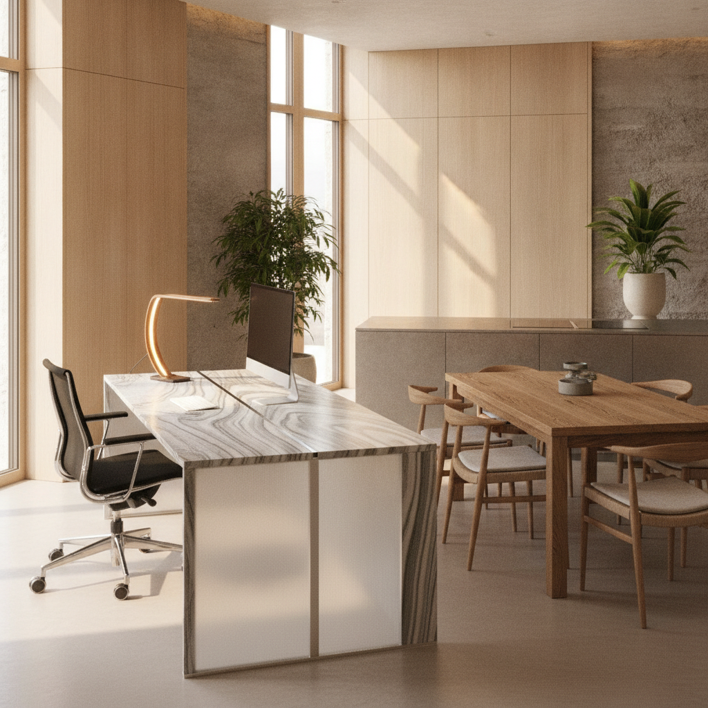 Interior modern cu suprafețe inovatoare, incluzând birou ergonomic și zonă de dining elegantă.