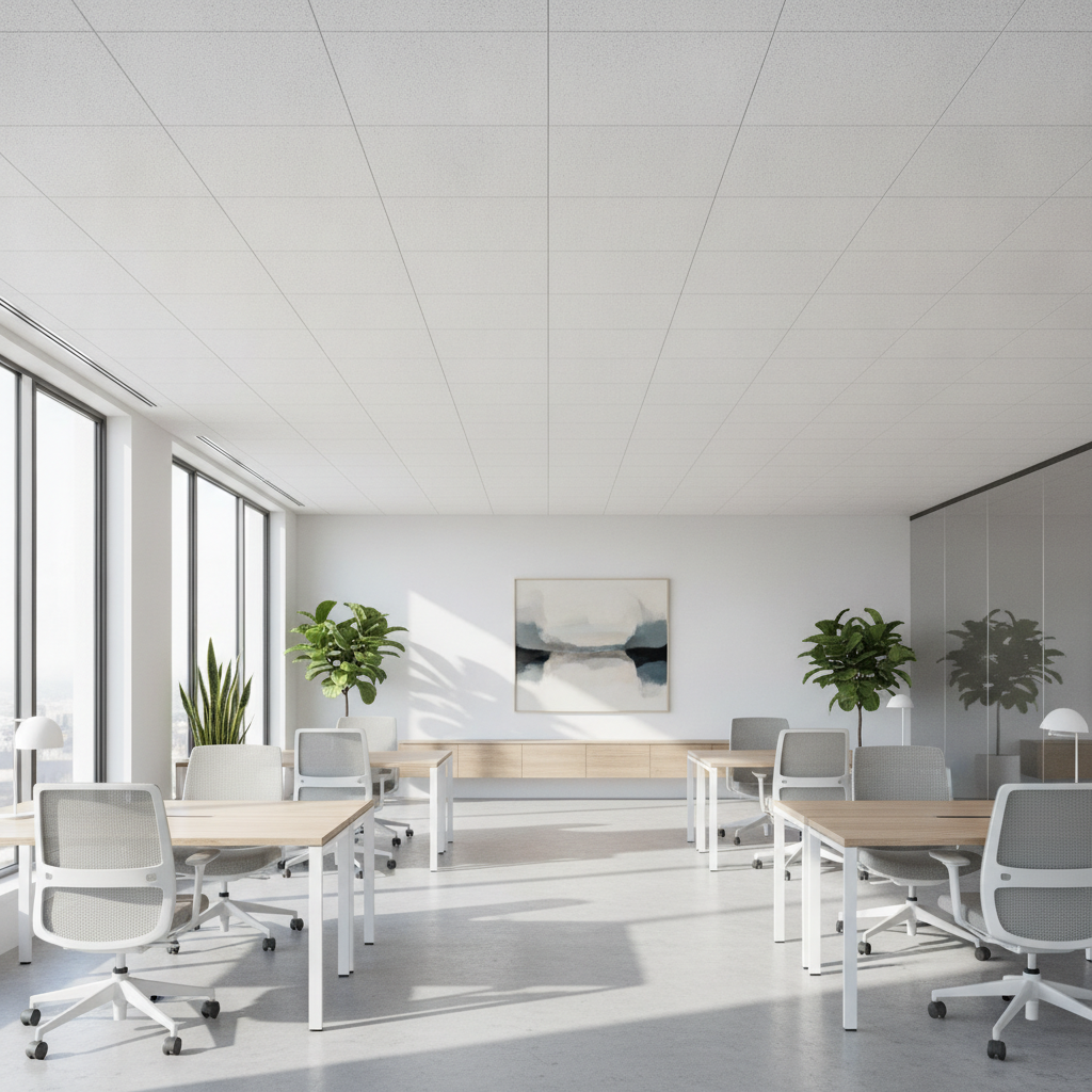 Plăci acustice albe Aisti Aalto integrate într-un birou modern, contribuind la un mediu liniștit și productiv.