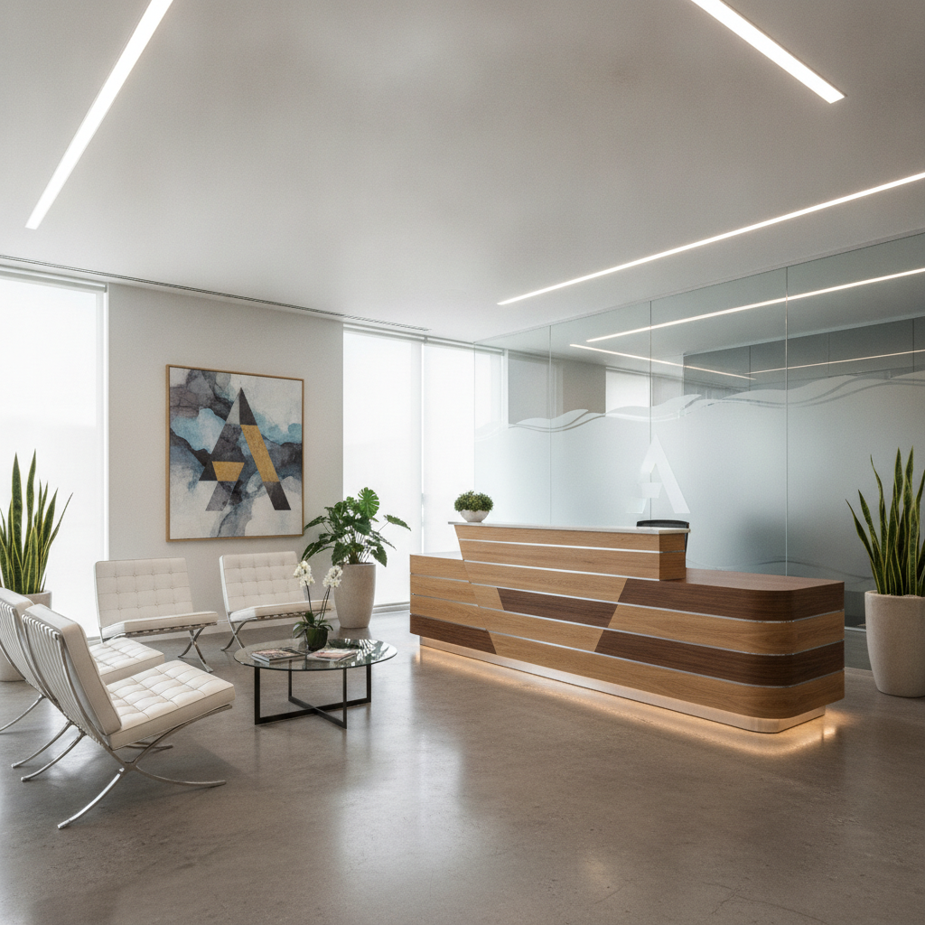Birou de recepție modern și elegant, cu tonuri de lemn și design funcțional, într-un lobby luminos.
