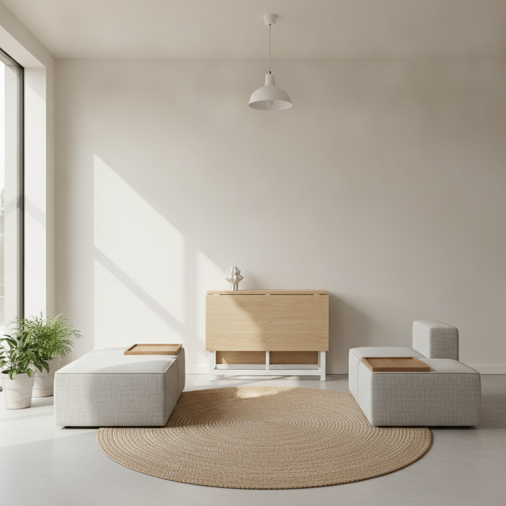 Spațiu de locuit modern, cu mobilier adaptabil și funcțional, birou pliabil și scaun versatil.
