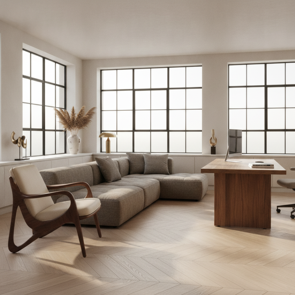 Un scaun elegant Adinne din lemn masiv și piele și o canapea modulară Bosque într-un birou modern sau living