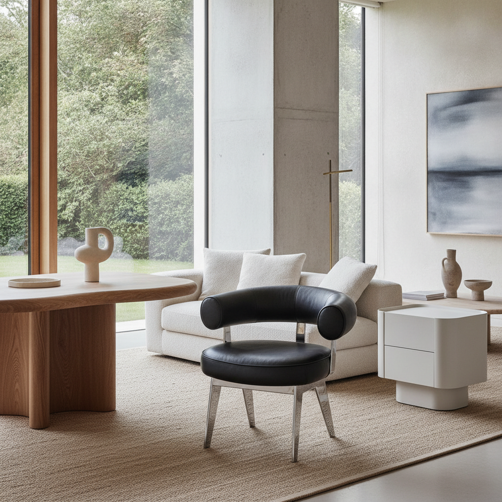 Mobilier cu design organic din colecția Faye Toogood, incluzând scaunul Slump și masa Bone, într-un interior modern.