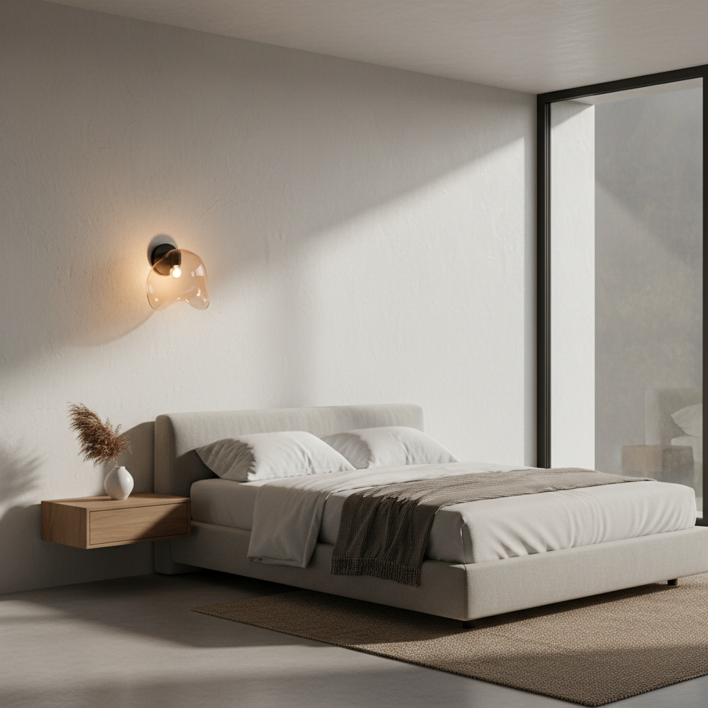 Lampa de perete Flo de la Soktas, cu abajur din sticlă suflată manual și placă metalică elegantă, montată pe un perete modern, emitând o lumină ambientală caldă, într-un interior minimalist.