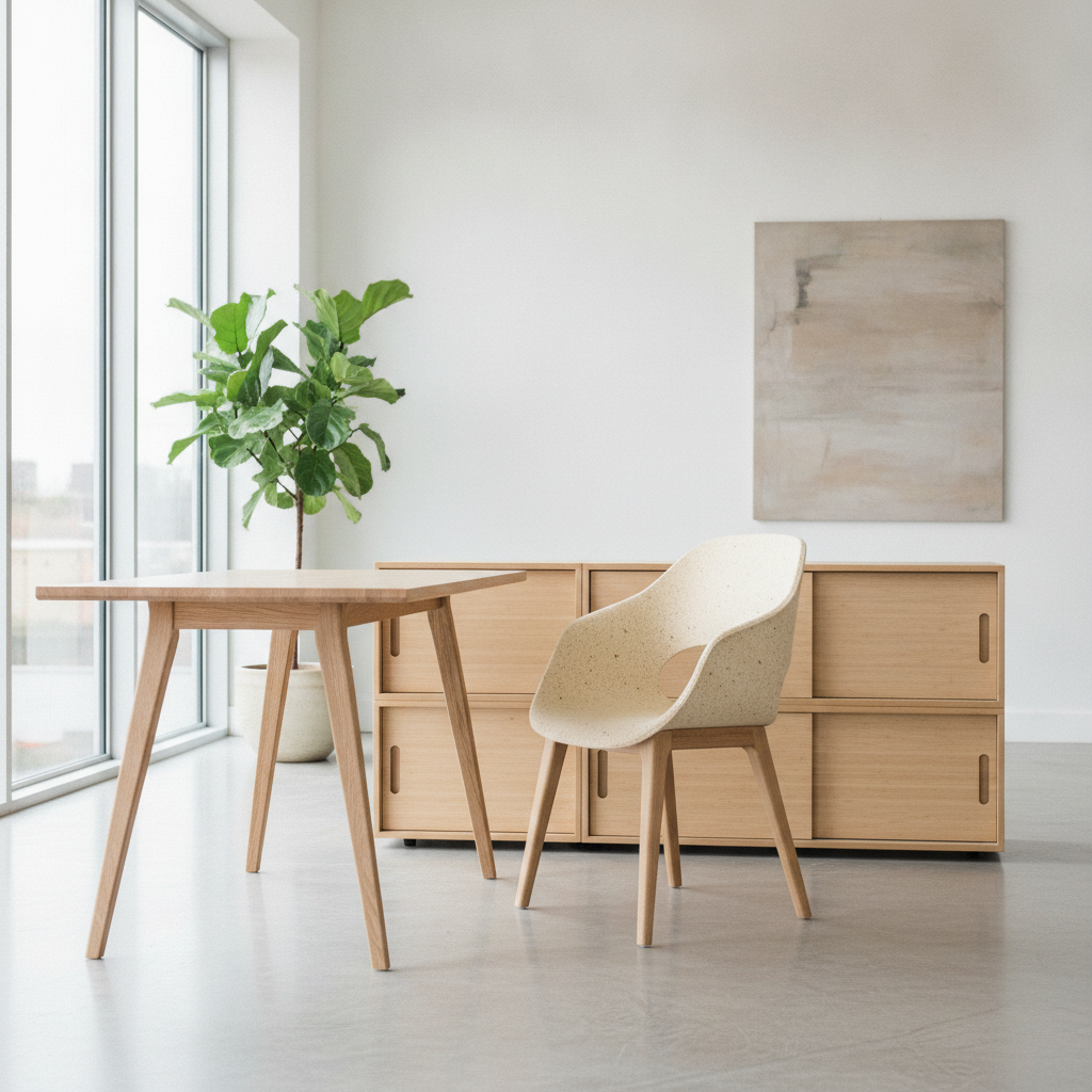Mobilier modern de birou cu panouri din iarbă presată, într-un spațiu luminos și ergonomic.