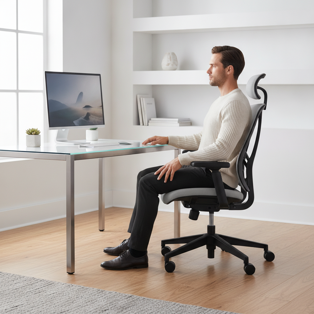 Scaun ergonomic modern cu spătar din mesh într-un birou acasă, elegant și funcțional.