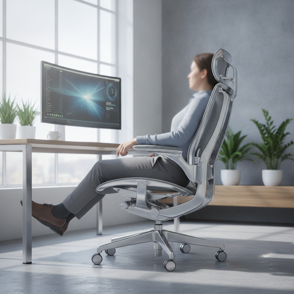 Scaun ergonomic modern într-un birou luminos, simbolizând confort și suport pentru spate.