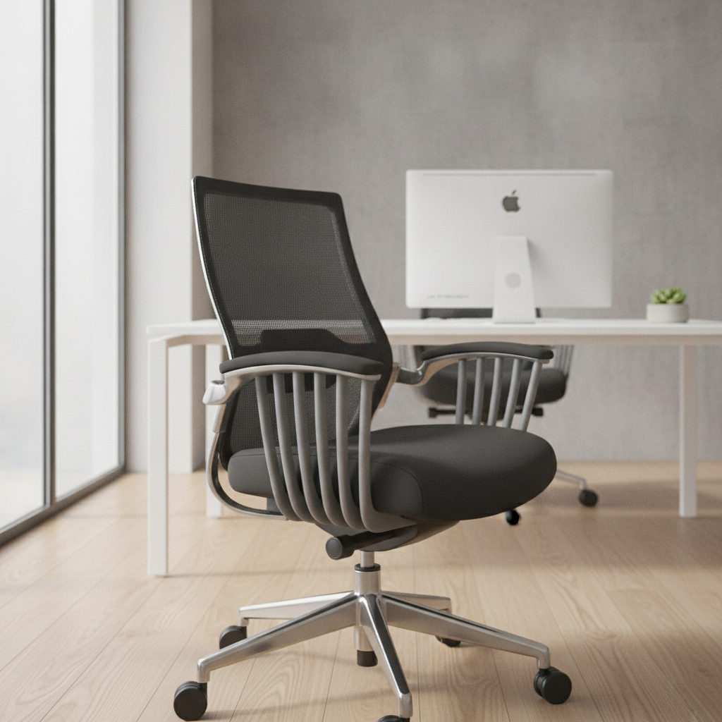Braț inovator al unui scaun ergonomic, demonstrând confort și design modern pentru birou.