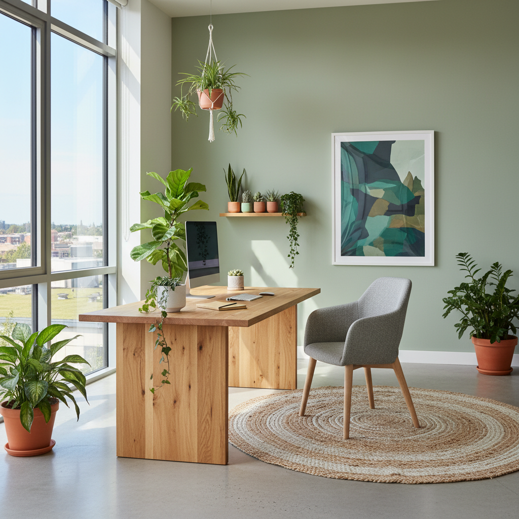 Scaun ergonomic de birou fabricat din materiale sustenabile într-un birou modern și luminos, cu plante verzi și lumină naturală.
