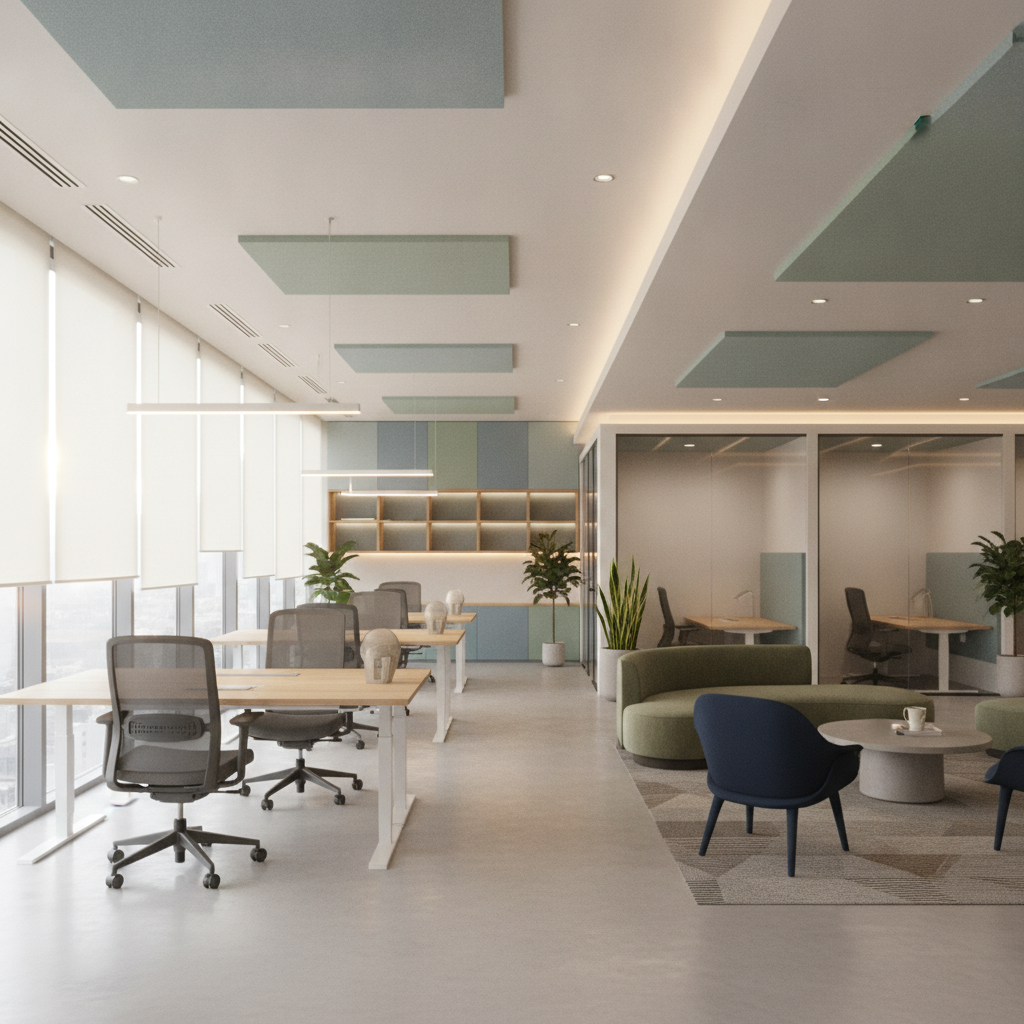 Birou modern cu design interior ergonomic, iluminat natural, scaune și birouri ajustabile pentru productivitate.