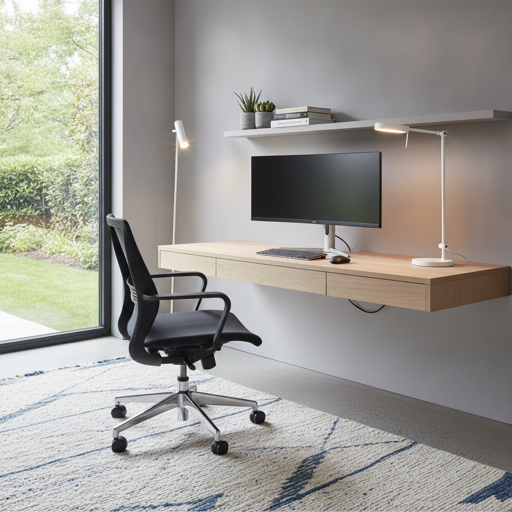 Un birou modern, minimalist, cu un scaun ergonomic, iluminat ambiental și elemente de design funcționale.