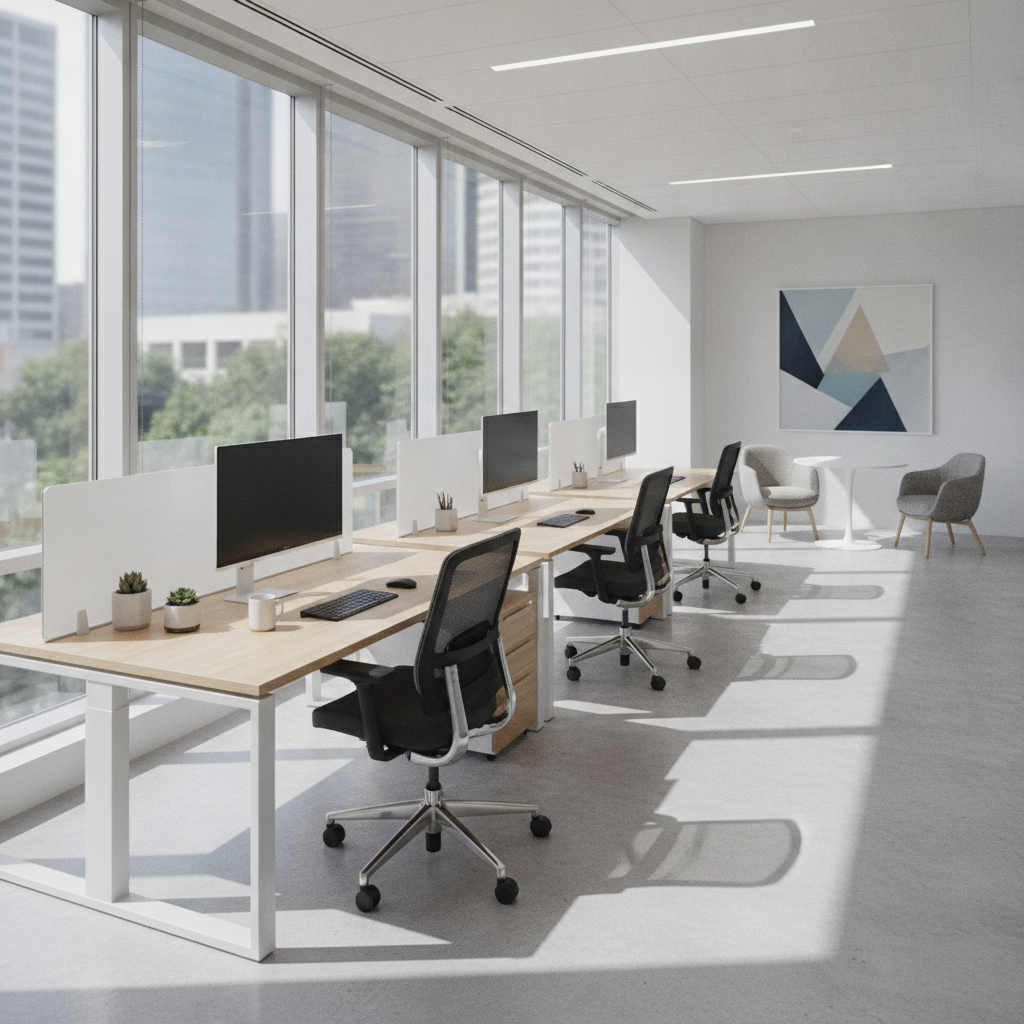 Birou modern cu scaun ergonomic și workstation, design interior funcțional și estetic.