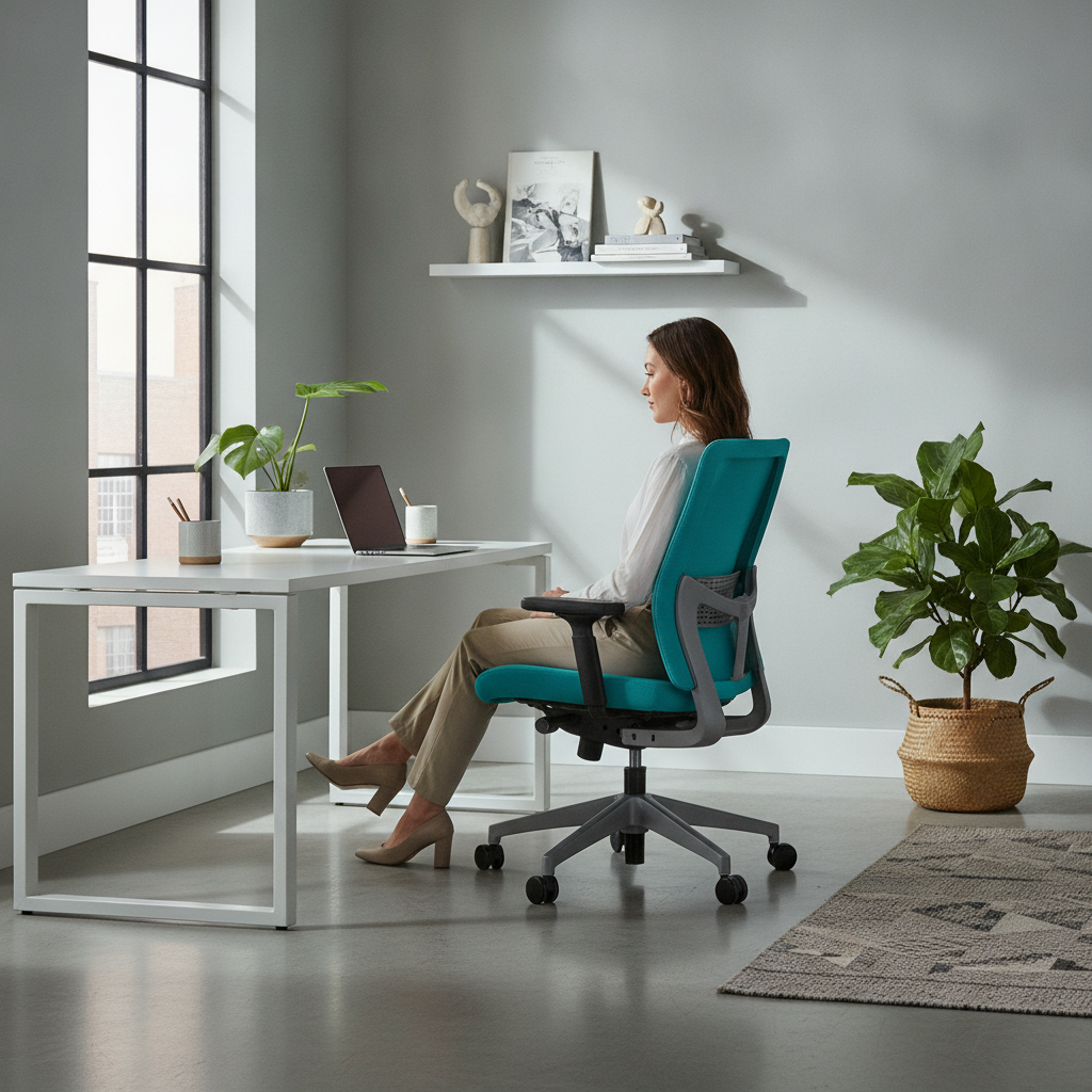 Birou modern amenajat cu scaun ergonomic vibrant, plante și lumină naturală, promovând productivitatea.