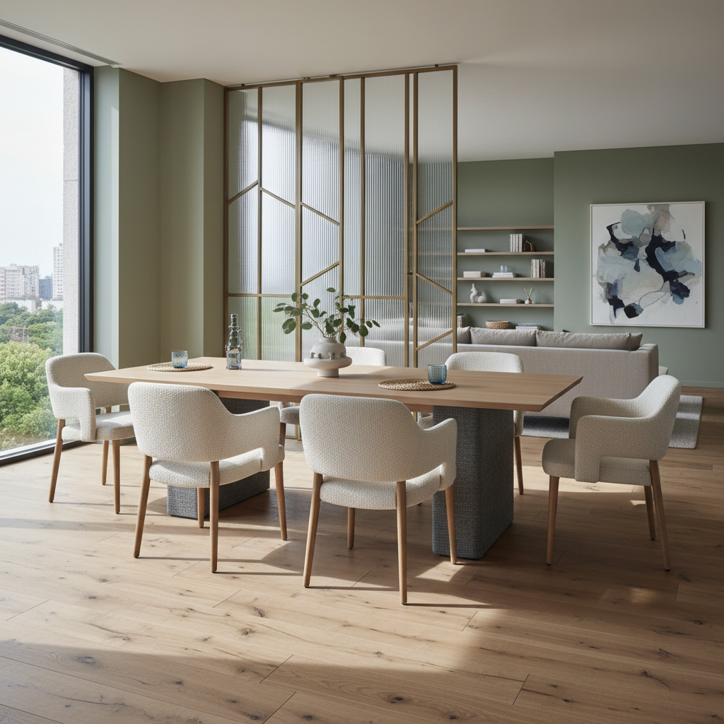 Set de dining Linde cu scaune moi și masă cu bază tapițată, alături de panouri despărțitoare moderne și pardoseală din gresie porțelanată.