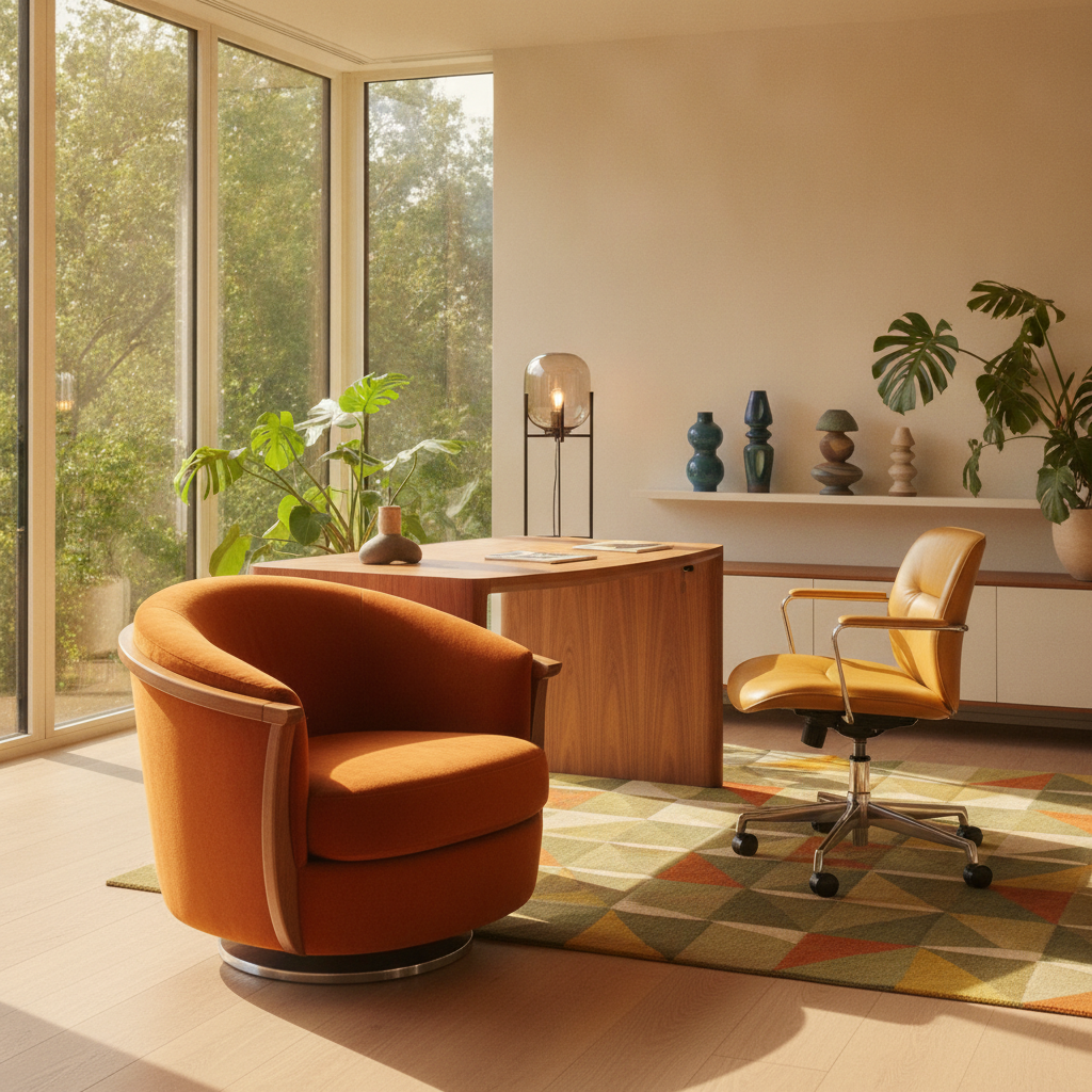 Un fotoliu confortabil cu un design vibrant, inspirat de anii '60, într-un living modern luminos.