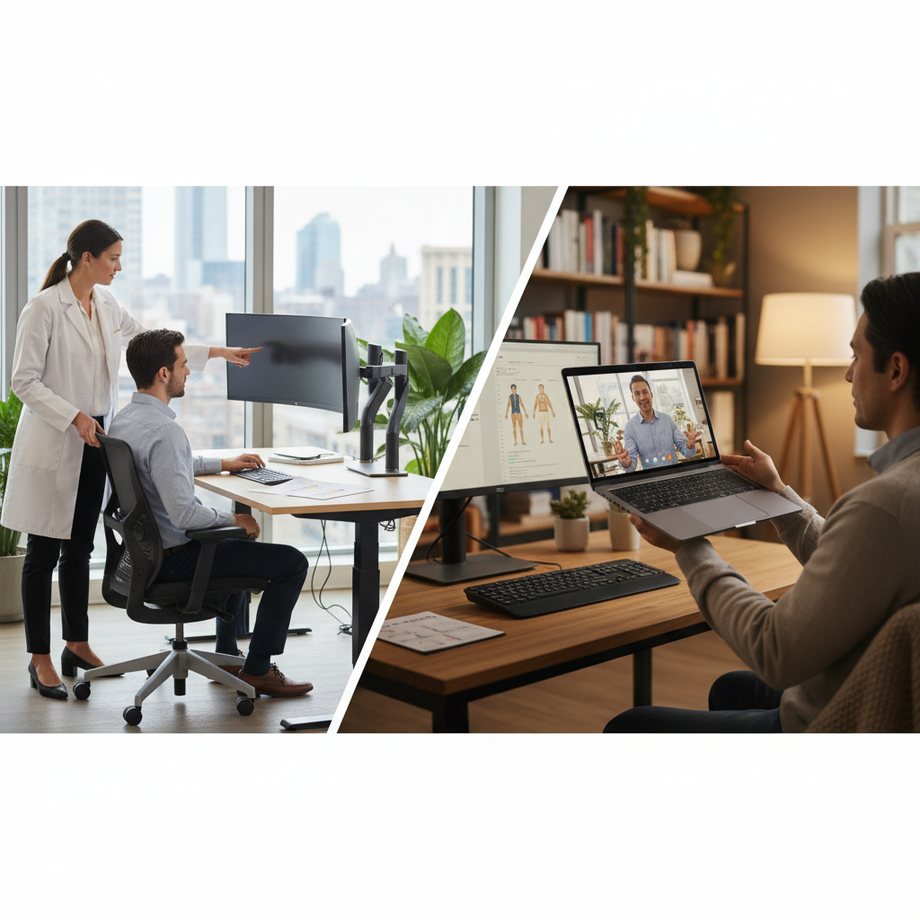 Comparație între evaluarea ergonomică pe loc și cea virtuală, ilustrând un specialist ajutând un angajat la birou și un alt angajat primind ghidare online.